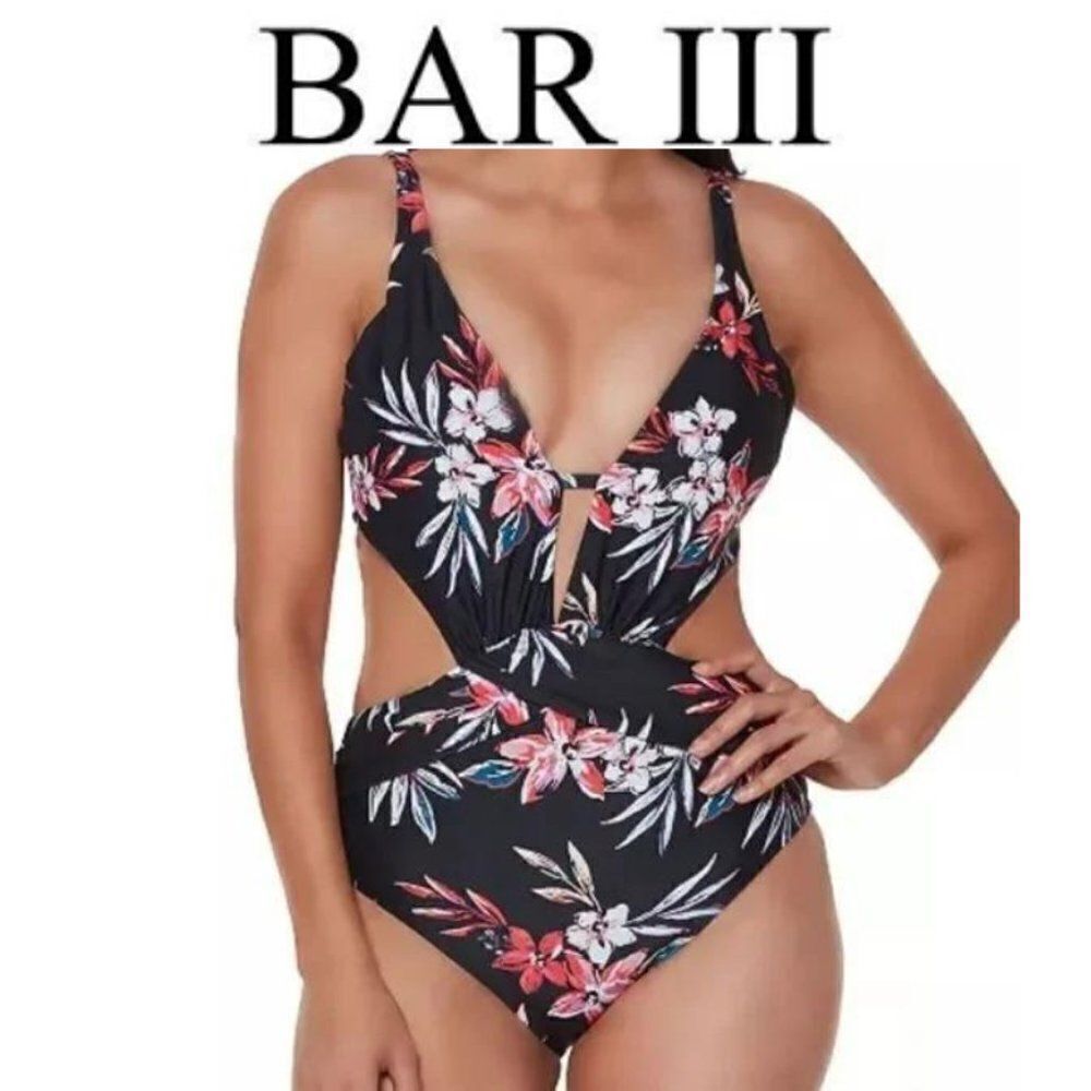 Bar III Black floral Women's black Medium Tummy Cutout One-Piece Swimsuit